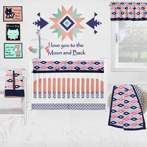 Bacati - Aztec Emma 10-Piece Crib Bedding Set with Crib Rail Guard - Coral/Mint/Navy Girls