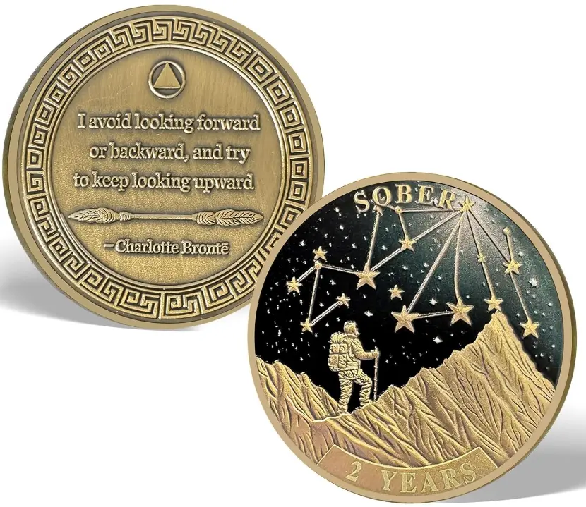 1-5 Year Sobriety Coin - Two Year Sober Chip with Mountain and Starry Sky Design, Affirmation AA Recovery Medallions Meaningful Sobriety Gifts for Women & Men Celebrating Milestones
