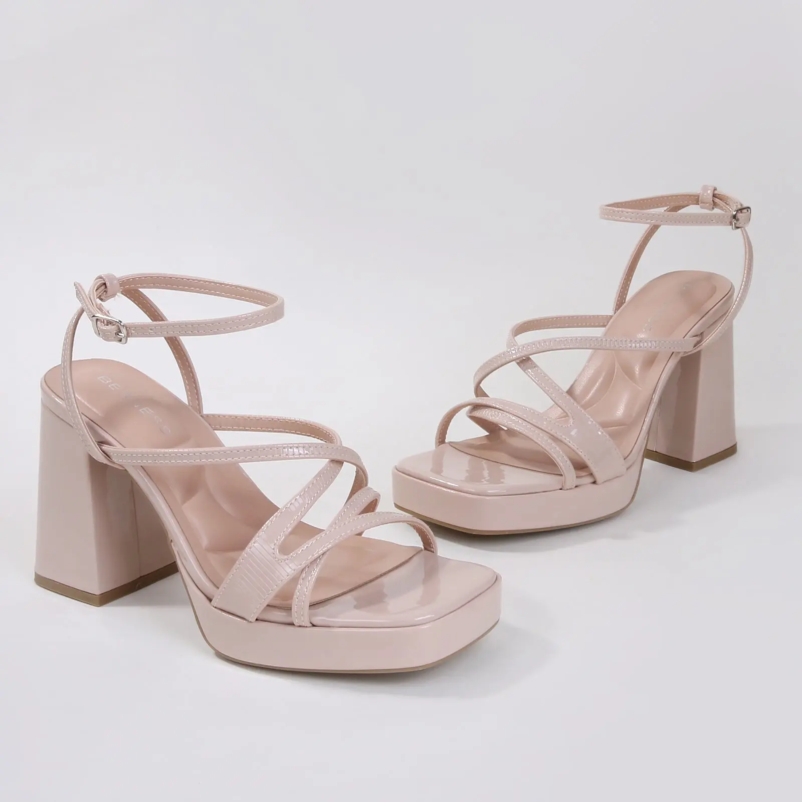 Women's Square Toe Chunky Platform Heels, PU Leather Evening Shoes with a Crisscross Ankle Strap, 4 inch High Heel & Decorative Buckle, Chunky High Heel, Decor Buckle