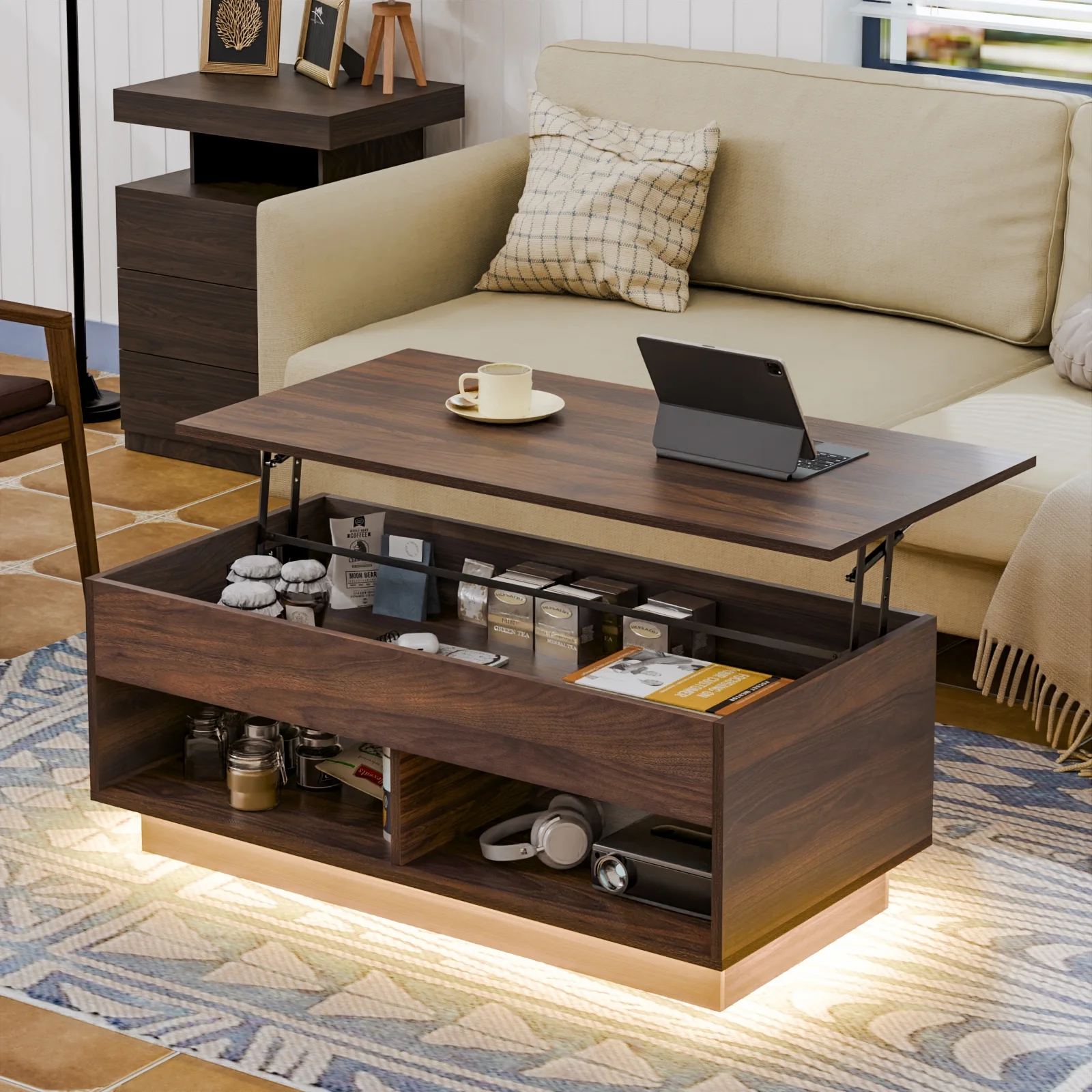 Lift Top Coffee Table with Hidden Compartment High Gloss Black Coffee Tables LED Center Rising Cocktail Table for Living Room Accent Furniture dining
