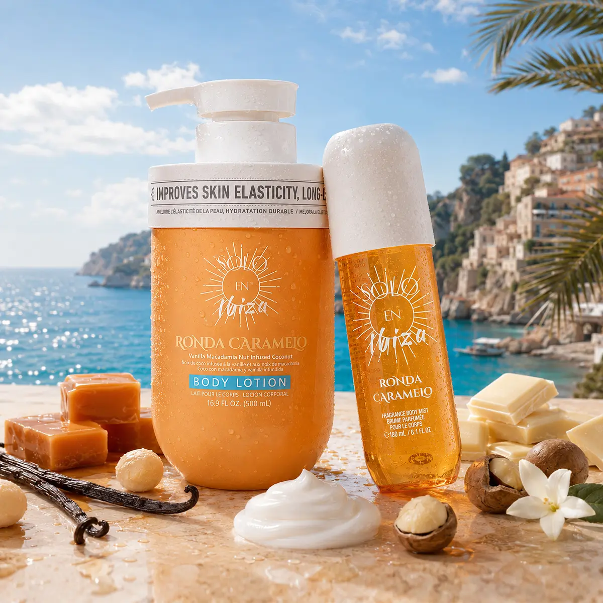 SOLO EN IBIZA Ronda Caramelo Smooth Coconut Vanilla Scented Body Care Duo - 6.1 fl oz (180ml) Fragrance Mist, 16.9 fl oz (500ml) Body Lotion with Long-Lasting Warm Gourmand Aroma