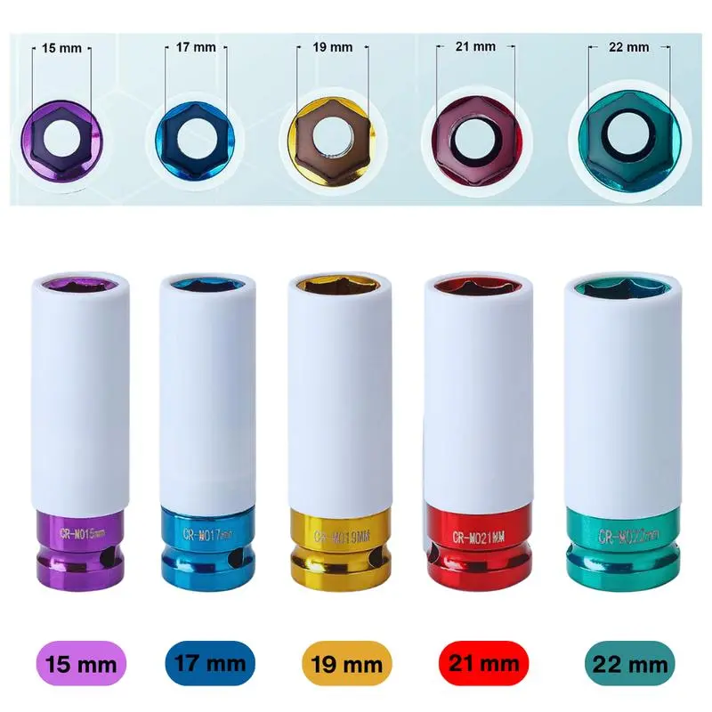5Pcs CRV Steel Impact Socket Set, 1/2 Inch Drive Non-Marring Protective Lug Nut Sockets, Wear Resistant Metric Sockets in 15/17/19/21/22mm, Heavy Duty Tire Wheel Removal Tool for Auto Maintenance and Garage Repair