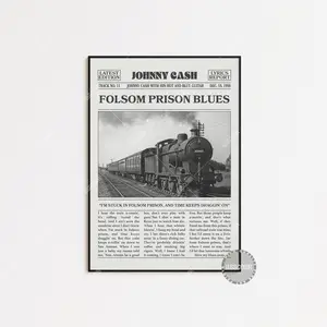 Johnny Cash Retro Newspaper Print, Folsom Prison Blues Poster No Frame, Lyrics Print, With His Hot and Blue Guitar Poster