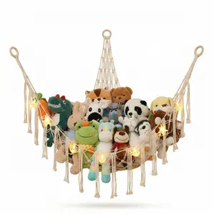 60-Inch Hangable Cotton Boho LED-Lit Window Hammock, Eco-Friendly French Country Home Organizer for Nursery Toy Clutter Storage