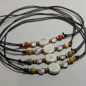 Ceramic Boho Light Blue Circle Pendant Hippie Whimsical Adjustable Black Rope Cord Choker Stacking Necklace jewelry