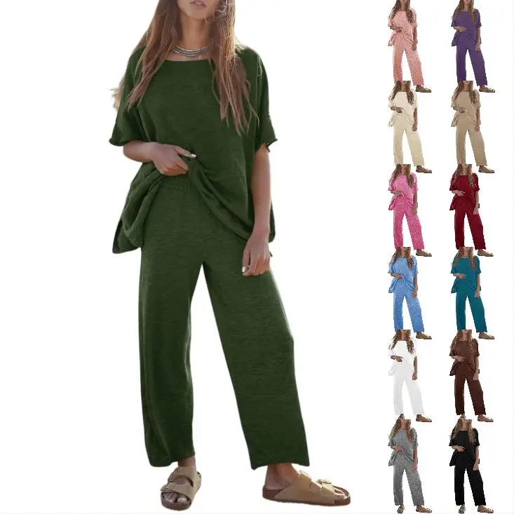 Imily Bela Women's 2 Piece Travel Outfits Casual Short Sleeve Knit Pullover Tops Wide Leg Pants Lounge Sets Tracksuit