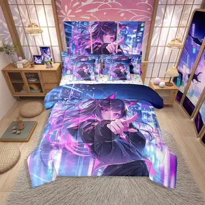 Kids Anime Girl 7 Piece Comforter Set,Bed in A Bag,Japanese Anime Bedding Set,Cartoon Girl Sheet Set with Comforter for Boys Teens Adult,Kawaii Japanese Animation Bed Sets