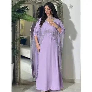 [Purple Kaftan Dress] Purple Elegant Kaftan Dress |   Long Sleeve, Rhinestone Embellishments, Belted, Loose Fit, All-Season Middle Eastern Style, Perfect for Evening Wear