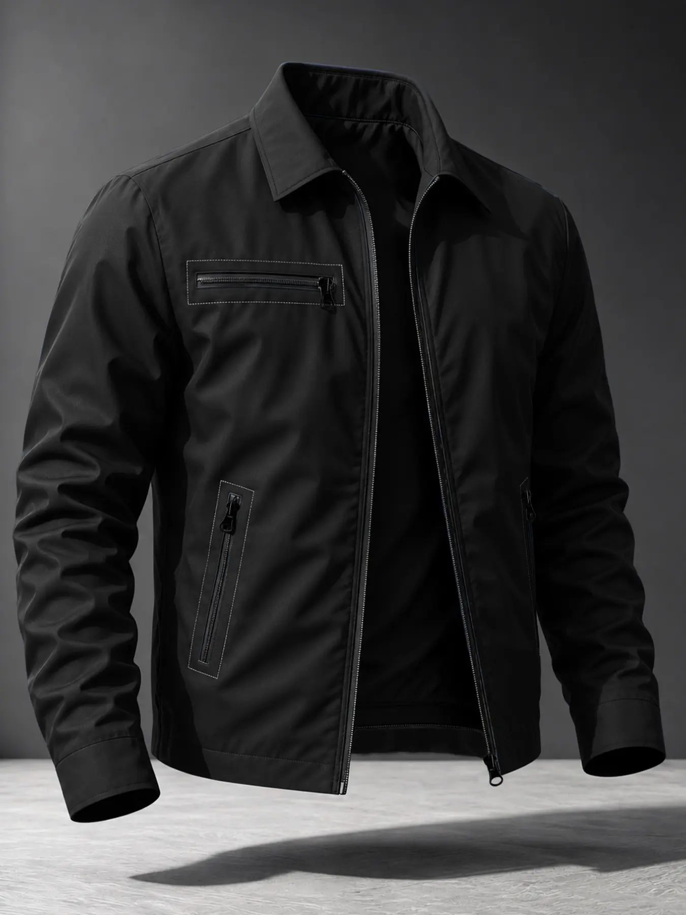 Men's Windproof Zipper Lapel Jacket Coats, Lightweight Casual Long Sleeve Outdoor Jacket, Multi-Pocket Design, All-Season Outerwear for Daily Wear