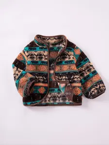 Autumn/Winter Boys' Long-Sleeved Fleece Jacket Casual Ethnic-Style Stand Collar Cardigan Top Boys' Totem Zipper Jacket Cardigan Children's Warm Clothing