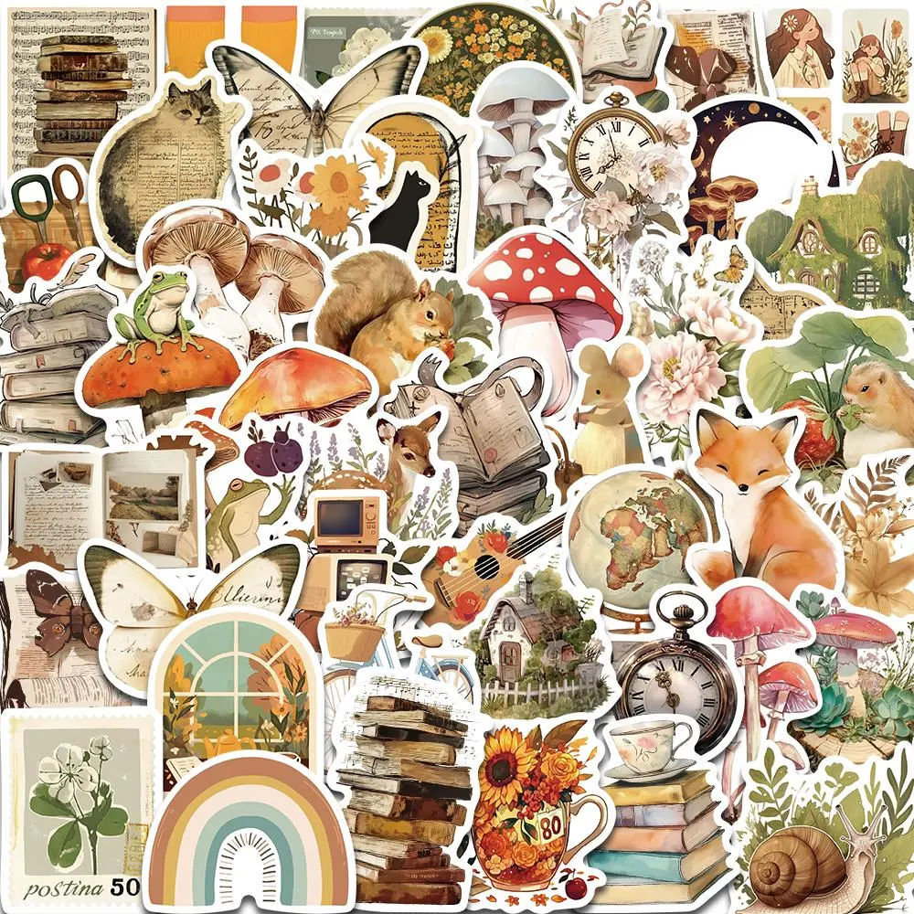 Vintage Animal & Graffiti Pattern Sticker, 50pcs/set Cute Cartoon Sticker, Decorative Sticker for Phone Case, Computer, Guitar, Bag, Water Cup, Scrapbook