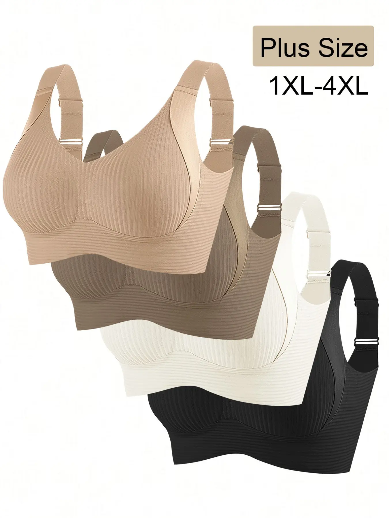 Plus Size Women's Full Coverage Adjustable Fit Straps Basic Casual Everyday Bra Set, Anti-Sagging, Seamless Side Support, Suitable for Large Busts, 4 Piece Pack