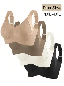 Plus Size Women's Full Coverage Adjustable Everyday Bra Set, Anti-Sagging, Seamless Side Support, Suitable for Large Busts, 4 Piece Pack