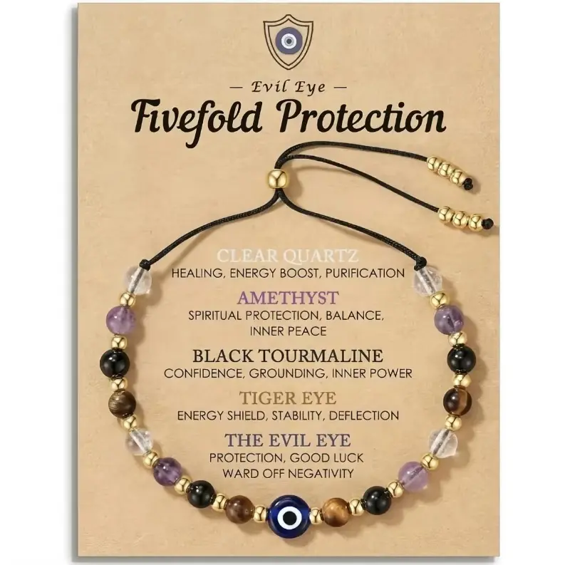 Dainty Evil Eye Bracelet with Genuine Stones, Meaningful Crystals - Adjustable Handcrafted Spiritual Jewelry with Natural Clear Quartz, Amethyst, Black Stone, Tiger Eye, Gift with Meaning Card