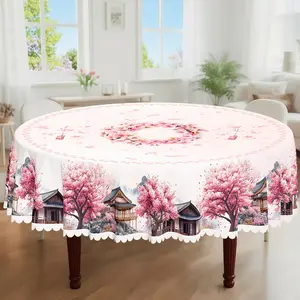 1pc, Spring Summer Themed Party Tablecloth, Pink Cherry Blossom Floral Japanese Style Printed Design, Rectangular/Round/Oval Table Cloth, Embossed Edges, Suitable For Picnic Dinner Kitchen Dining Room Decoration