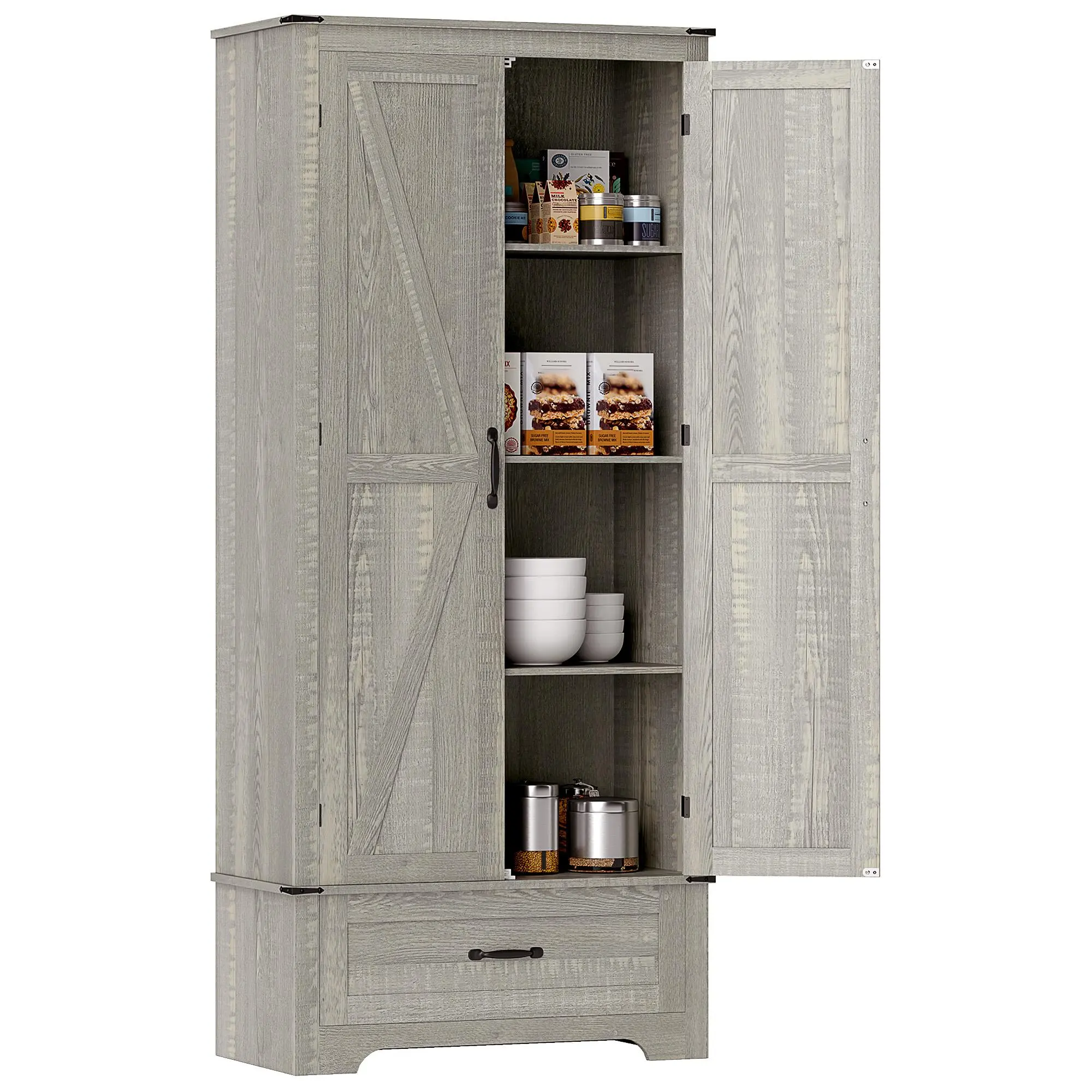 HOMCOM 72" Distressed Light Gray Farmhouse Adjustable Drawer Tall Cupboard - Dual-Compartment, Large Capacity Barn Doors, 1 Drawer, Adjustable Shelves, Particleboard & MDF with Veneer, 82 lbs. Total, Kitchen Pantry, Assembly Required, Dining Room Storage