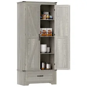 HOMCOM 72" Tall Farmhouse Kitchen Pantry Cabinet - Kitchen Storage Cabinet with Adjustable Shelves & 2 Barn Doors & Drawer, Versatile Storage Unit for Dining Room, Distressed Light Gray