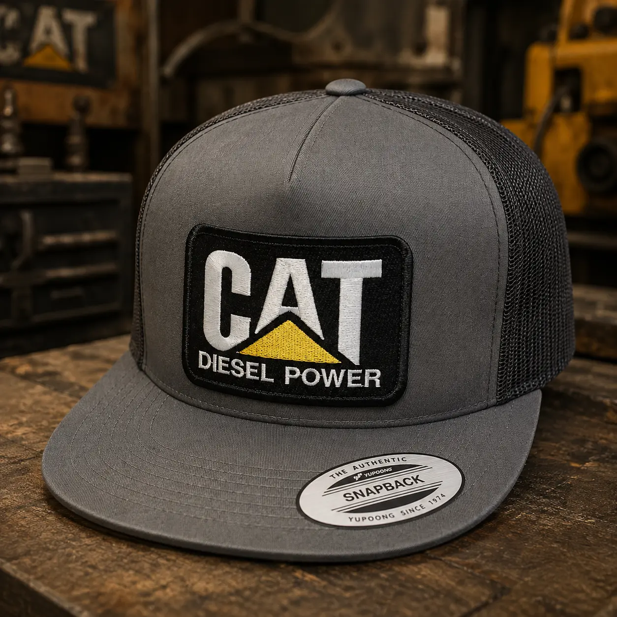 [BEST SELLER 2026] CAT Diesel Power Trucker Hat, Gray & Black Snapback Cap, Vintage Heavy Equipment Inspired Hat, Industrial Workwear Cap for Men, Construction Worker Hat, Mechanic Gift, Rugged Outdoor Style, Caterpillar Fan Hat