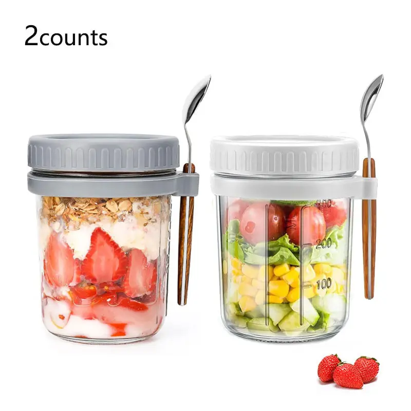 2 Counts Overnight Oats Jars, Refillable Jar, Glass Container, Reusable Food Containers, Oats Containers with Lids and Spoons, Sealed Oatmeal Containers with Measurement Marks, Wide Opening Mason Jars, Meal Prep Containers