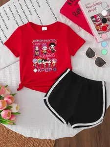 Summer Girls Casual Sports Short Sleeve Shorts Set, Demon Hunter Print Top, Kpop Huntrx Letters, Star Decor, Comfortable Loose Fit