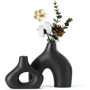 Black Ceramic Vase Set of 2 for Modern Minimalist Bohemian Decor,Round Matte Donut Vases for Pampas Grass- for Living Room, Dining Table, Office Bedroom Shelf Decor Entryway, Console
