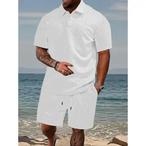 Men's solid color jacquard short sleeved T-shirt and shorts set, loose casual round neck T-shirt and shorts, summer beach vacation men's clothingRAIMENTRY