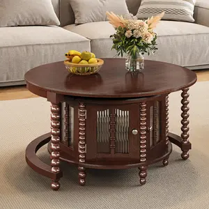 Vintage Round Nesting Coffee Table, Six Bamboo-shaped Decorative Glass Doors, Retro Beaded Legs, Walnut, 31.5"
