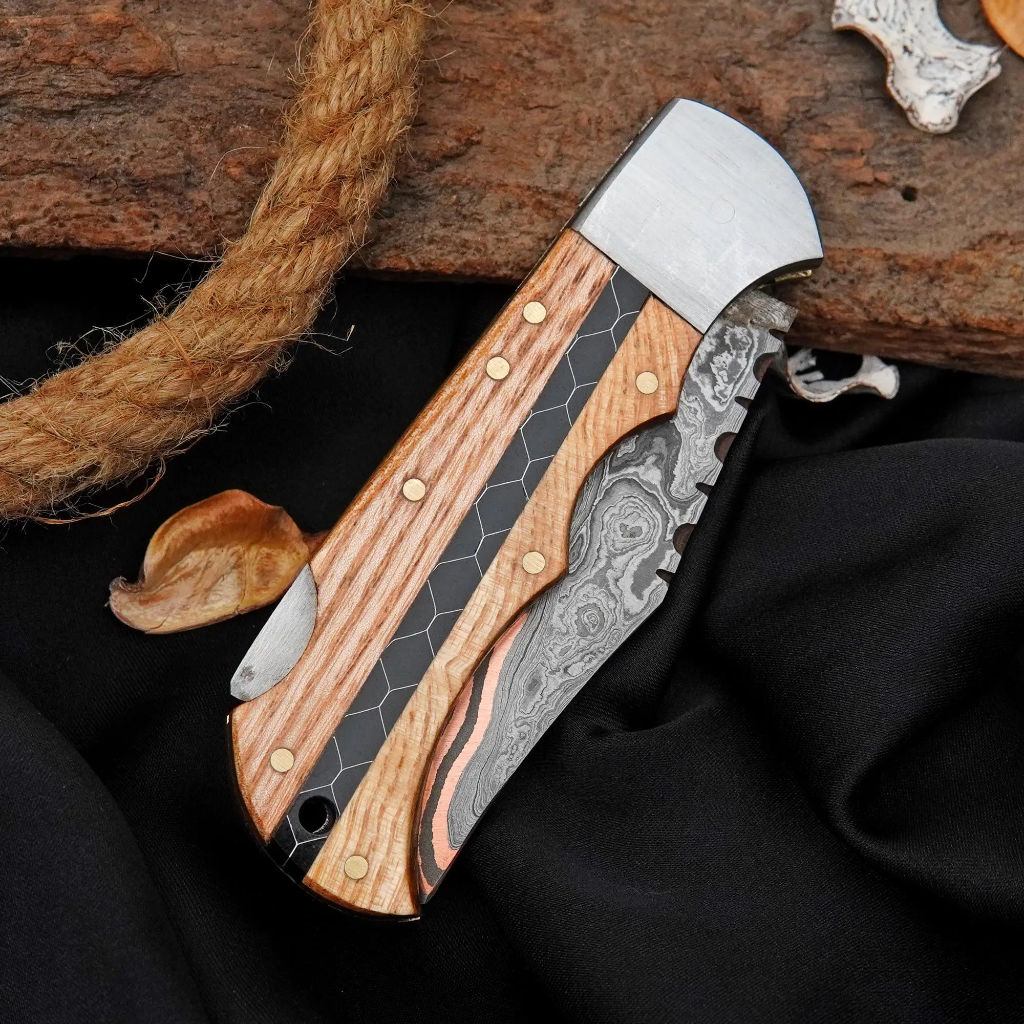 EDC Copper Damascus Pocket Knife Olive Wood Handle Handmade Folding Knife Gift for Him Groomsman Anniversary