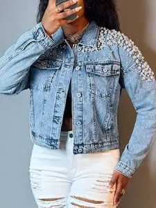 Women's Non-Stretch Beaded Cropped Denim Jacket, Button Down Casual Trucker Coat