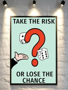 Monopoly-style 'Take a Risk or Lose an Opportunity' Canvas Poster  Motivational Wall Art with Question Marks and Dice, Bold Aesthetic Print for Office, Bedroom, and Entrepreneur Decor