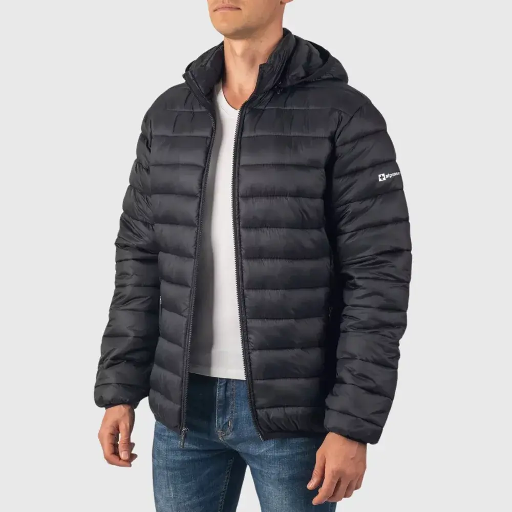 Alpine Swiss Men’s Lightweight Puffer Jacket with Removable Hood | Milo Winter Coat Packable Water-Resistant Down Alternative Bubble Jacket BLK L