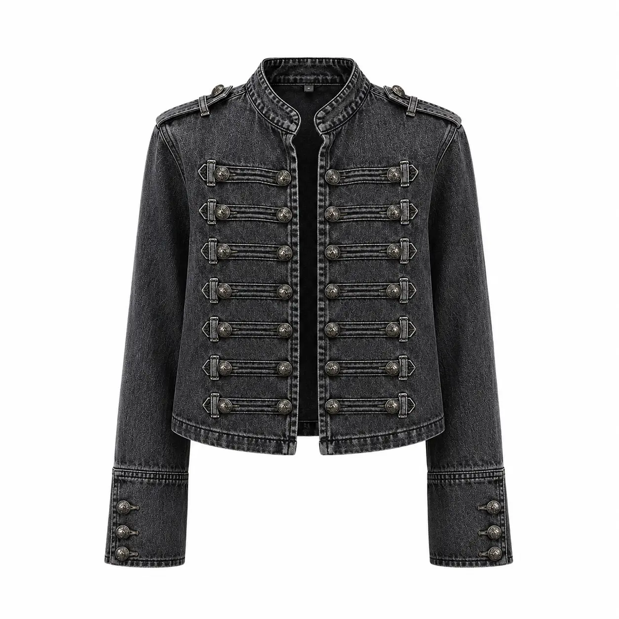 Women's Vintage Black Military-Style Cropped Denim Jacket, Button-Front Gothic Casual Coat Womenswear Everyday