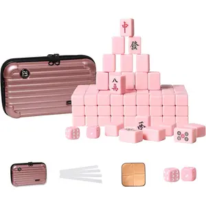VPH Mini Chinese Mahjong Water Pink 144 Sheets Travel Box with Ruler Tablecloth