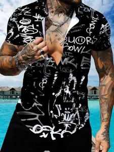 Men's Trendy Print Short Sleeve Shirt, Summer Casual Lapel Top, Fashion Street Graffiti Design, Black Men's Shirt, Doodle Graphic Shirt
