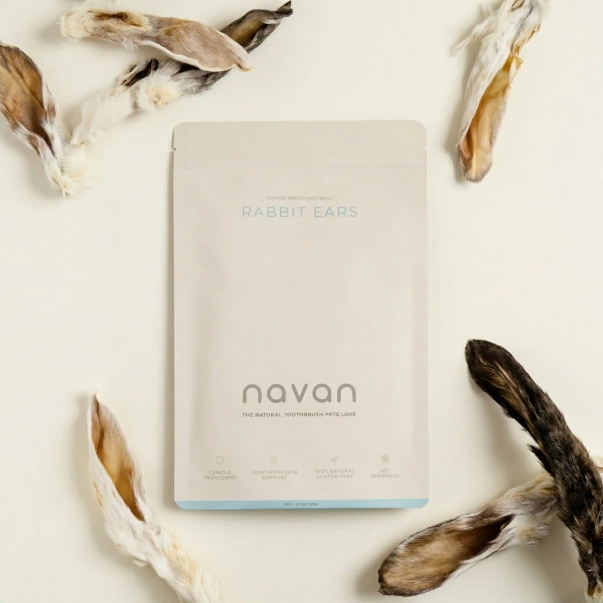 NAVAN Dog Chews - Human-Grade Dehydrated Whole Rabbit Ears | 100% Natural Single-Ingredient | Novel Protein for Sensitive Dogs | Natural Dental Chew
