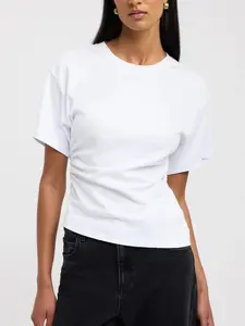 Asymmetrical Hem T-Shirt, Side Waist Pleat Design, Fitted Casual Top, Short Sleeve, Summer, H-Type Silhouette, Versatile Basic Shirt