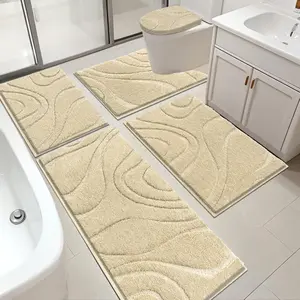 HEBE Rugs Sets 5 Piece, Soft Absorbent Microfiber Bath Mat for, Non Slip Washable Bath Rug Set with Cover, Bath Runner and U-Rug, Beige