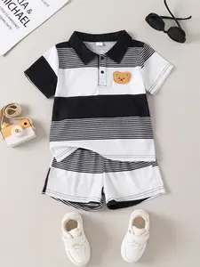 Summer Boys' 2-Piece Set Striped Patch Bear Polo Shirt and Shorts, Casual Fashion for Kids, Striped Sets, Stylish Clothing