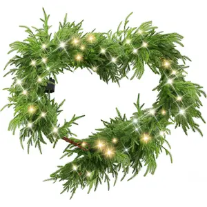6 Ft Christmas Norfolk Pine Garland with 100 LED Lights, Dense Norfolk Pine Real Touch Garland, Artificial Greenery Garlands for Christmas Holiday Mantle Fireplace Table  Decor Xmas