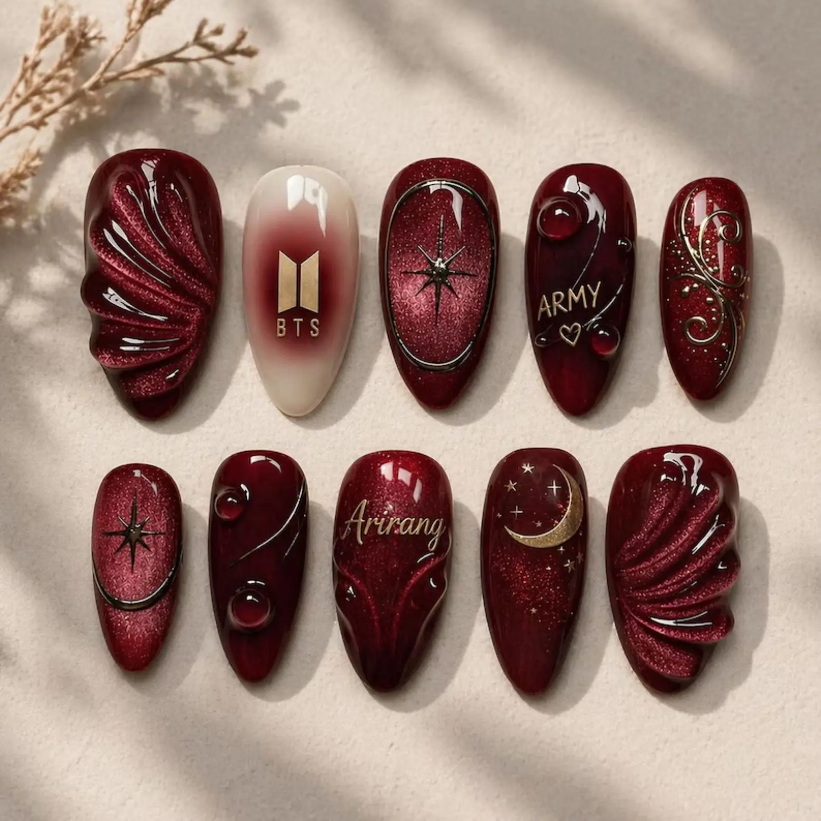 Red Glitter Press On Nails | Kpop Inspired Cherry Red Nail Art | Arirang Moon & Star Nails | Handmade Korean Style False Nails