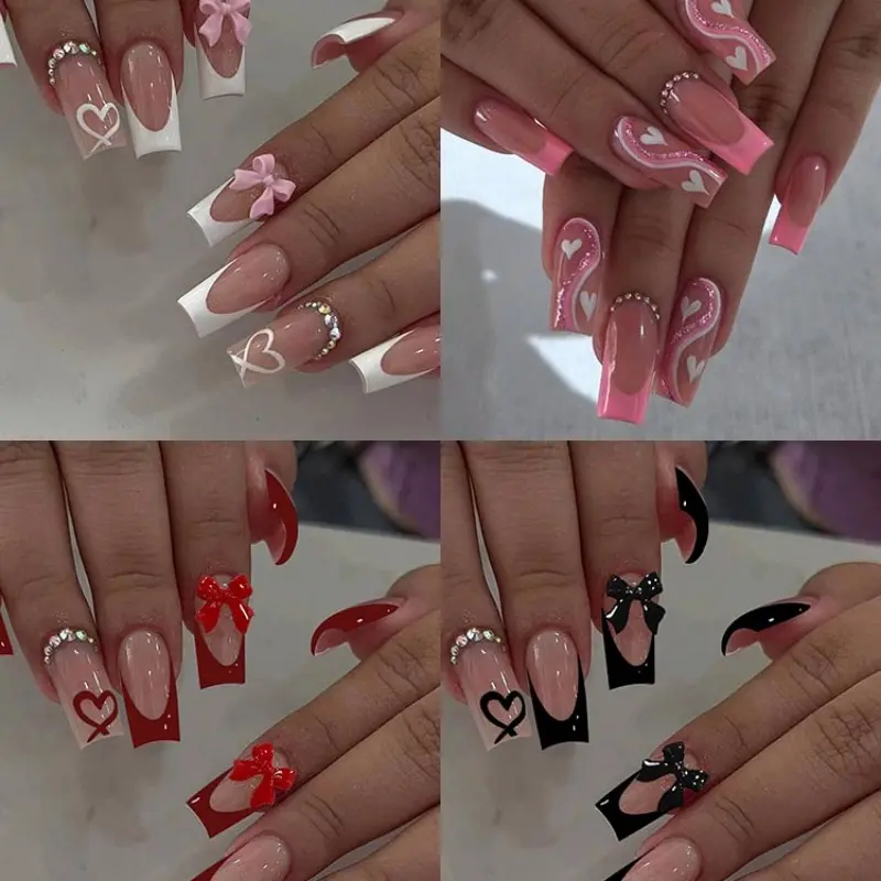 96pcs Butterfly French Nail Stickers, Bow Nails, Heart Design, Rhinestone Decor, Summer Manicure Essentials, Glittering Fake Nails