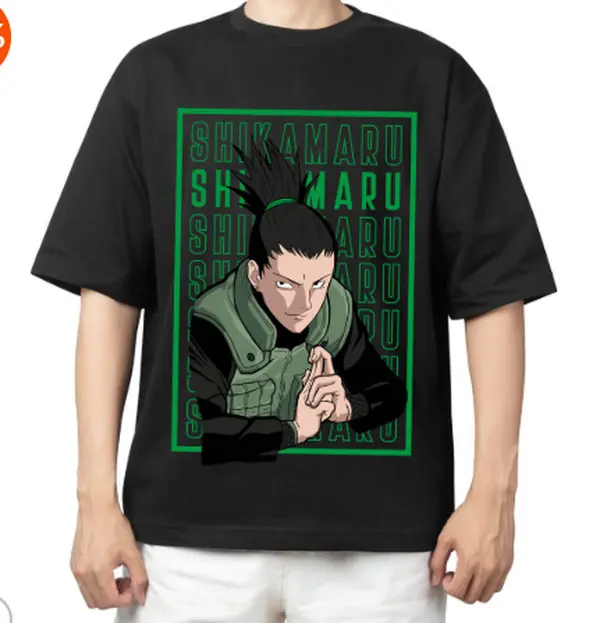 Shikamaru Graphic T-Shirt, Japanese Anime Character Print Black Tee, Unisex Short Sleeve Crew Neck Streetwear Shirt for Anime Fans