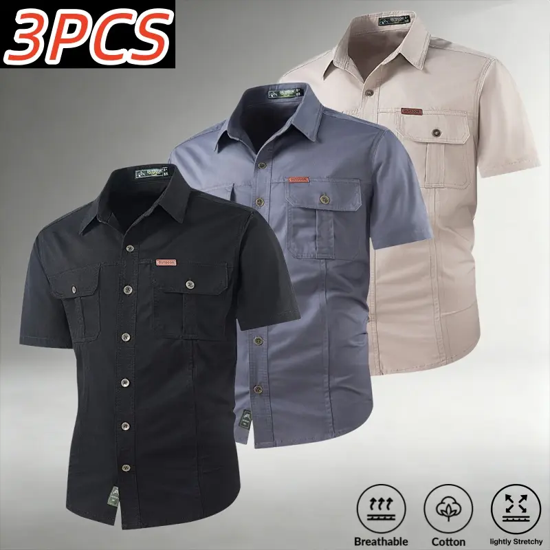 3-pack men’s 100% cotton breathable short-sleeve work shirts, outdoor casual style with slight stretch and skin-friendly cotton fabric, loose fit with a turn-down collar for commuting, hiking, and everyday wear across multiple scenarios. sohochic