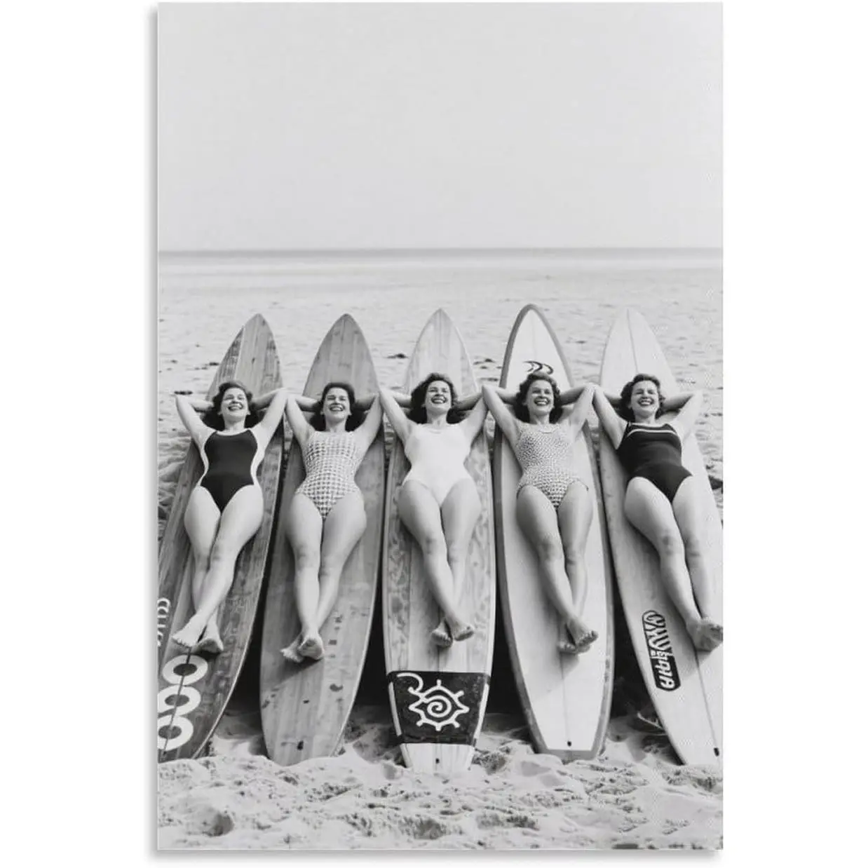Vintage Beach Photo Five Women Surfboards Sunbathing Posters Art Print Wall Photo Paint Poster Hanging Picture Family Bedroom Decor 12x18inch(30x45cm)