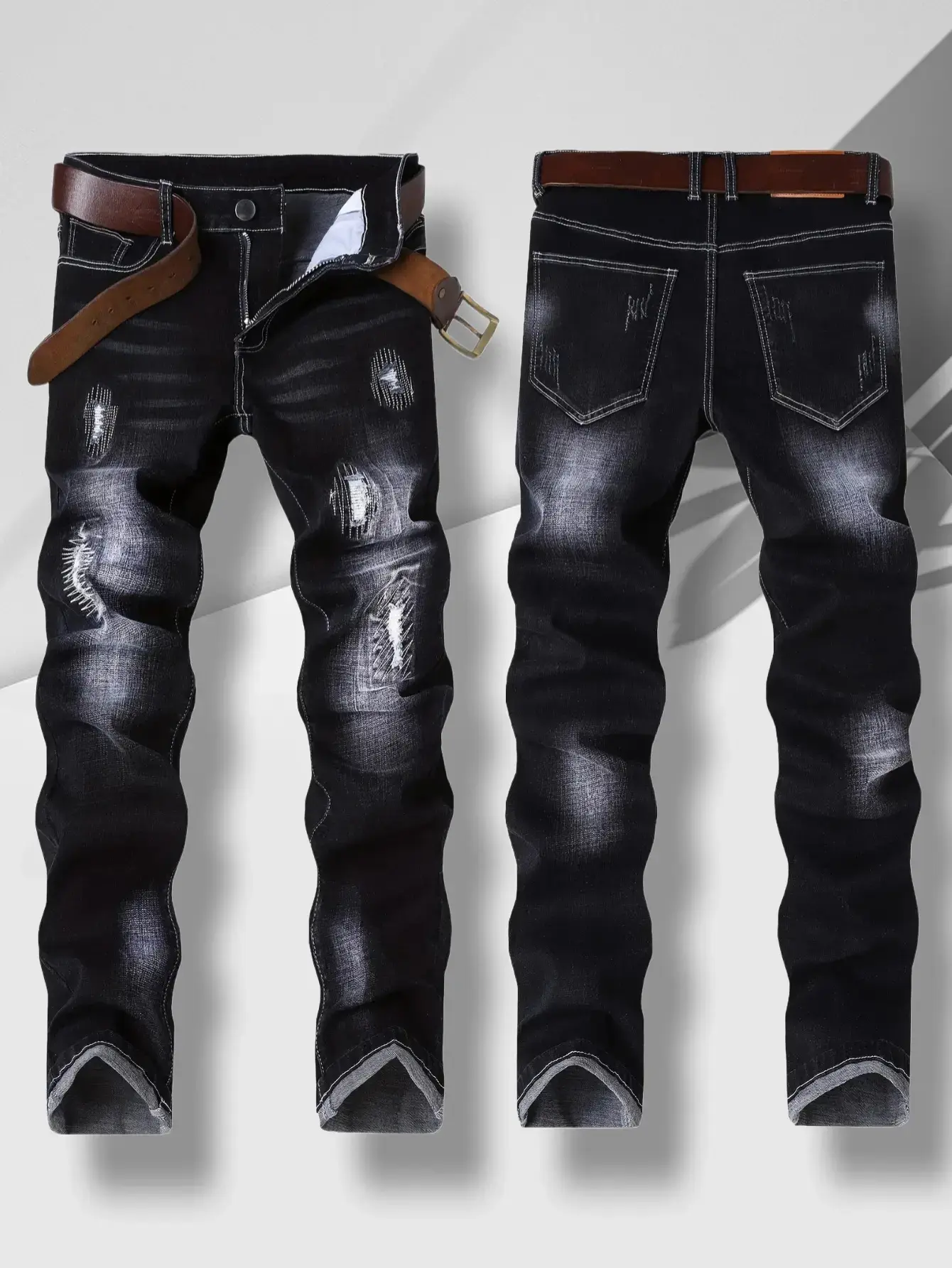 Men's jeans Graphic Style, stretch ripped with embroidery, slim fit, dark blue distressed pants, suitable for all seasons compression ripped n s it through high street jean fashion boy summer kuul garments Casual