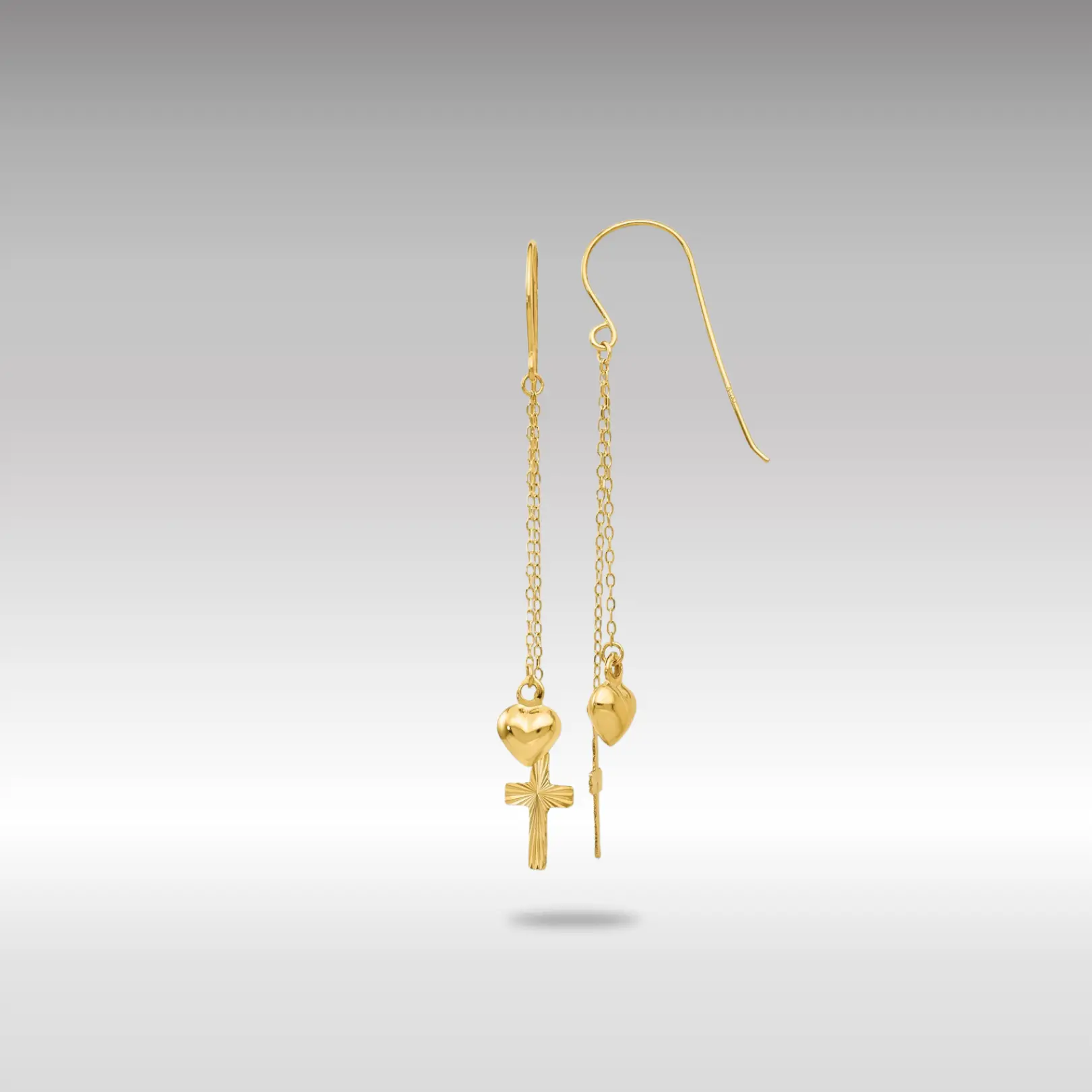 14K Gold Ropa Chain Puffed Heart and Diamond Cut Cross Dangle Earrings - Model H1088