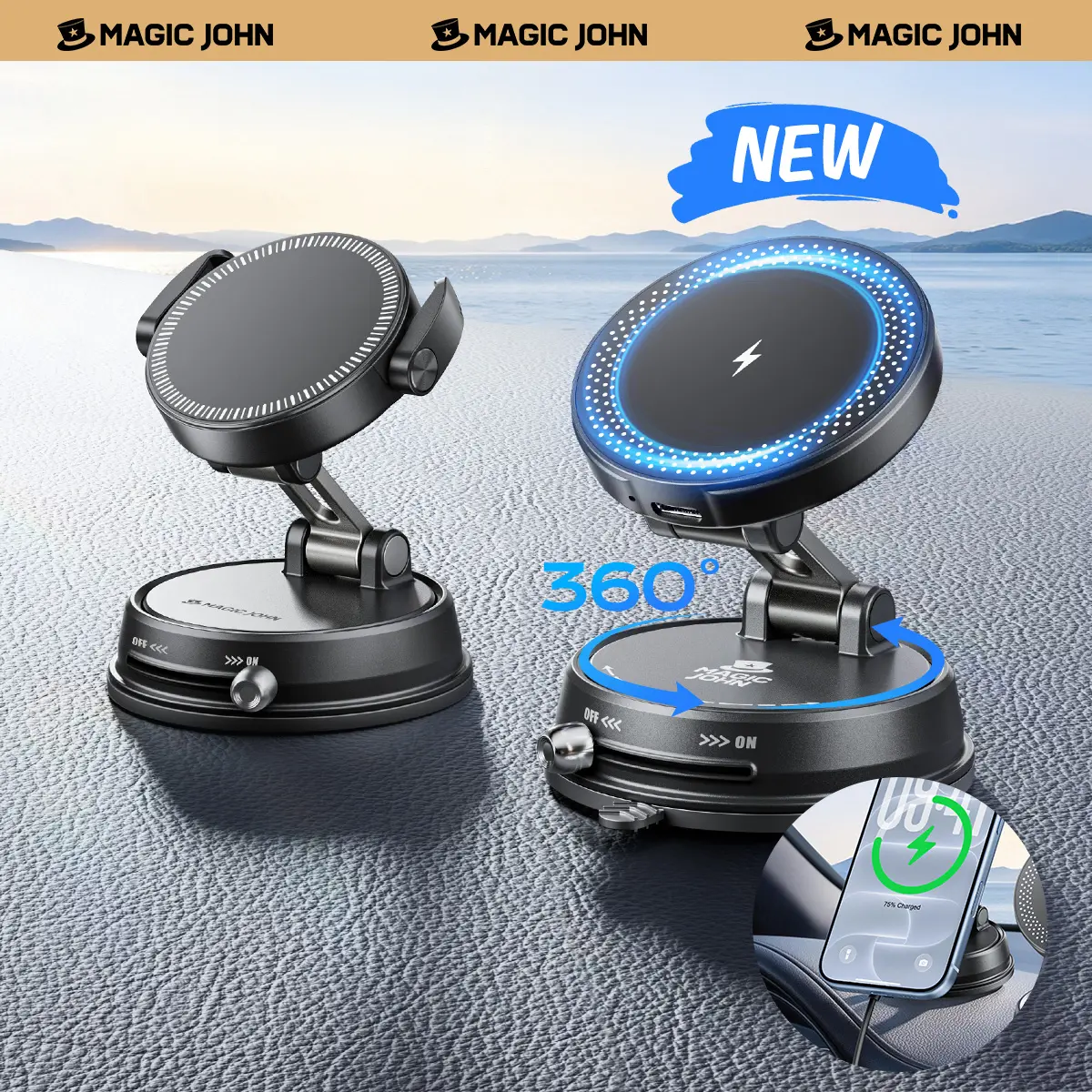 MAGIC JOHN Clip-On Car Phone Holder - Car Accessories, Strong Grip Adhesive Base, Non-Slip Folding Stand, 360° Rotate, MagSafe Compatible, for Navigation (Fits All Phones, Any Surface Use)