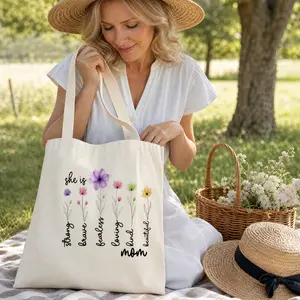 Personalized Birth Month Flower Canvas Tote Bag,Double-sided printing Eco Friendly Reusable Floral Birthday Gift Botanical Tote for Women Summer Beach Picnic Market Travel Everyday Fashionable Stylish Lightweight Tote