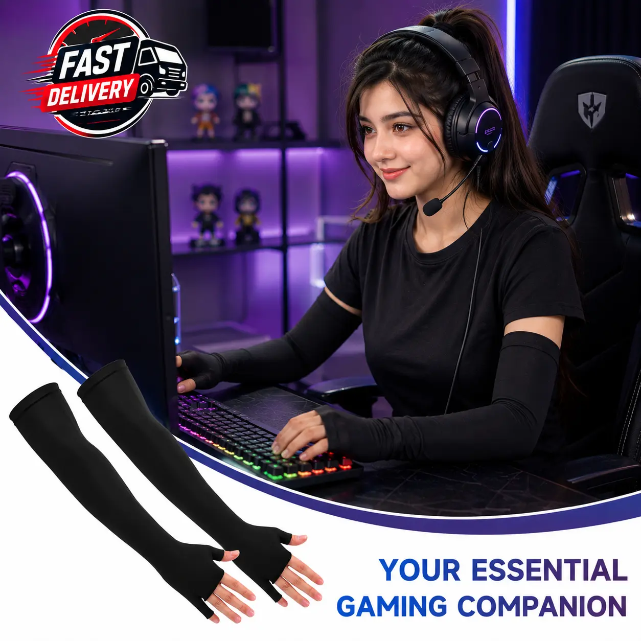 Gaming Compression Arm Sleeves (4PCS) - Spandex Fabric, Lightweight, Secure, Breathable, Ultra Smooth Mouse Pad Glide, Thumb Hole for PC Gamers
