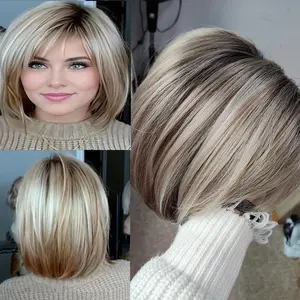 Layered Blonde Bob Wigs for White Women with Bangs Straight Short Hair Wig Synthetic Ombre Blonde Highlight Bobo Haircuts 12inch Average Size Natural Daily Party Wig